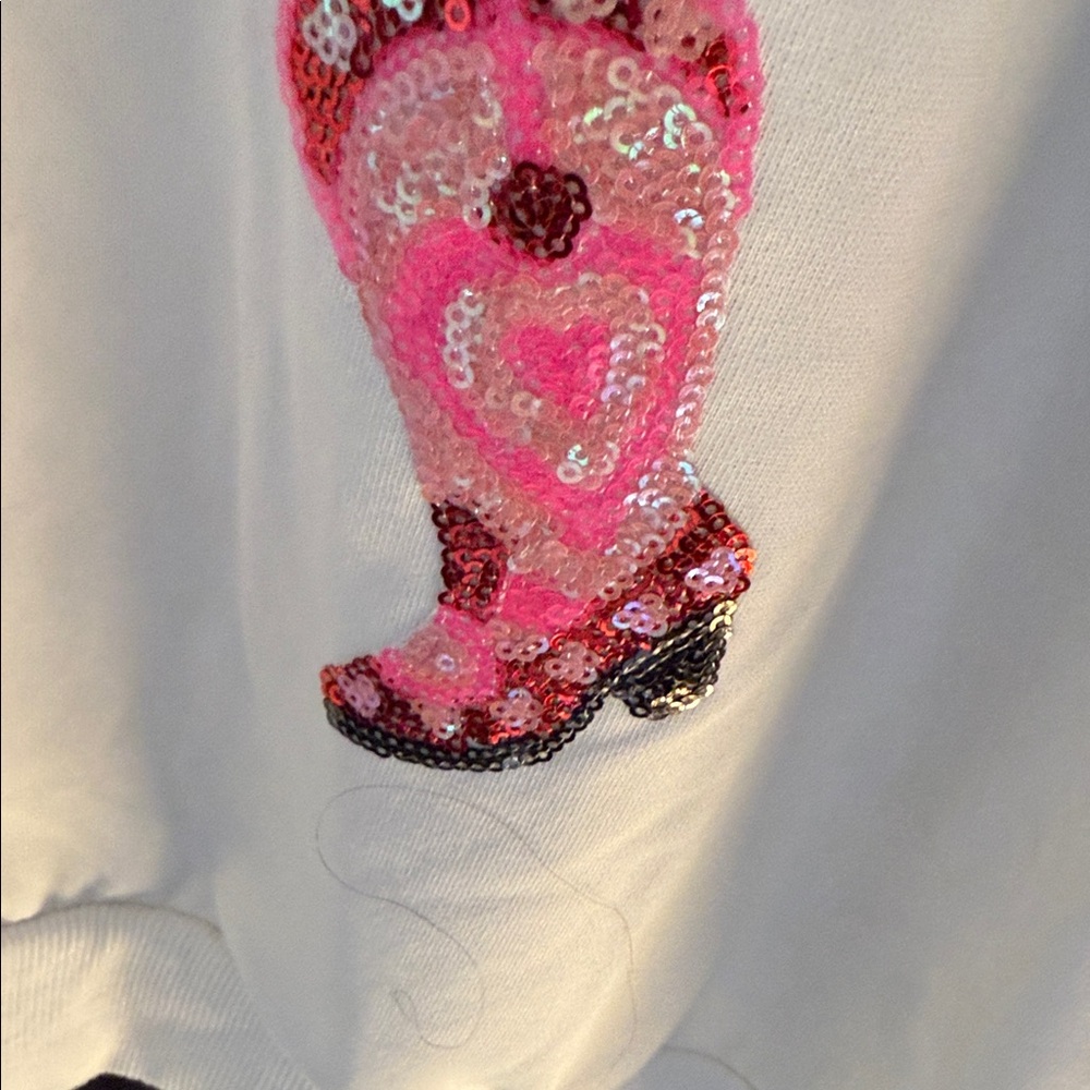 BiBi White Western Valentine Sequin Sweater with Pink Boot Design - Picture 9 of 12